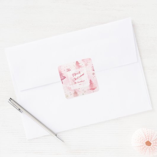 Pine Trees Roze Waterverf Kerst Vierkante Sticker (Envelop)