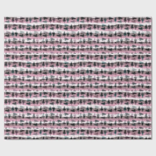 Pine Trees Roze Wit Grijze Stripes Kerstmis Cadeaupapier (Vlak)