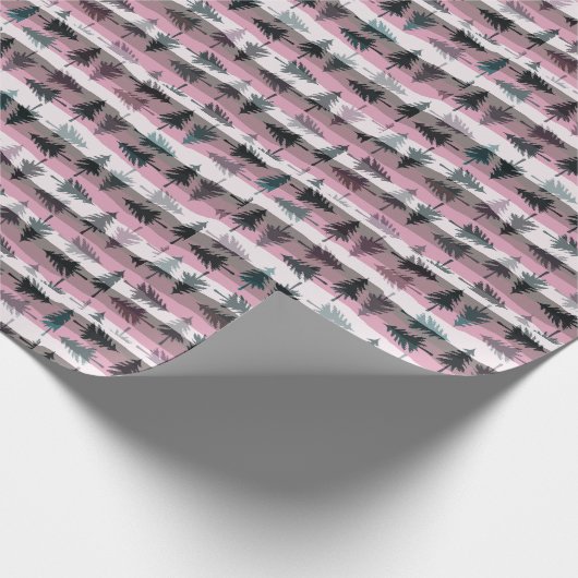 Pine Trees Roze Wit Grijze Stripes Kerstmis Cadeaupapier (Hoek)