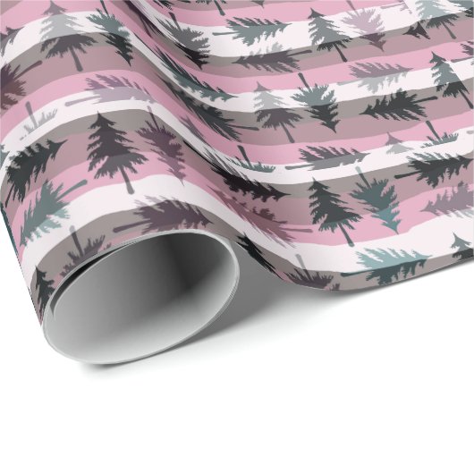 Pine Trees Roze Wit Grijze Stripes Kerstmis Cadeaupapier (Rol Hoek)