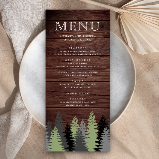 Pine Trees Rustic Wood Winter Weddenschap Menu