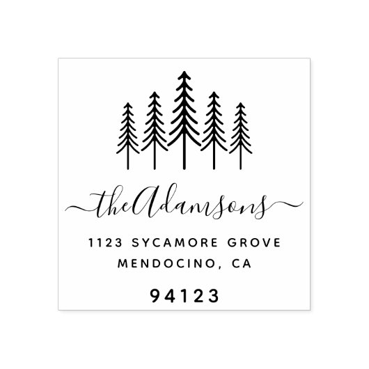Pine Trees & Script Achternaam Retouradres Rubberstempel (Afrduk)