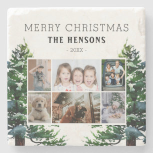 Pine Trees Sneeuwfamilie 6 Foto Collage Stenen Onderzetter