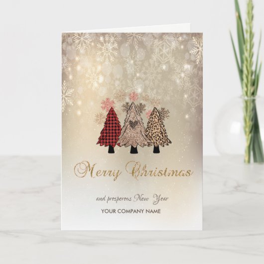Pine Trees, Snowflakes Gold Holiday Card Feestdagen Kaart (Voorkant)
