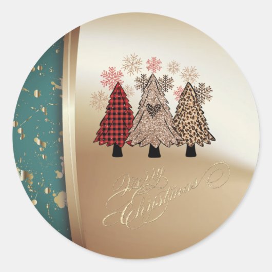 Pine Trees, Snowflakes, Gold Merry Kerstmis Ronde Sticker (Voorkant)