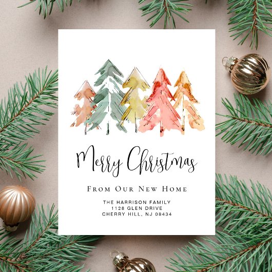 Pine Trees Waterverf New Home Vakantie Verhuizen Aankondigingskaart