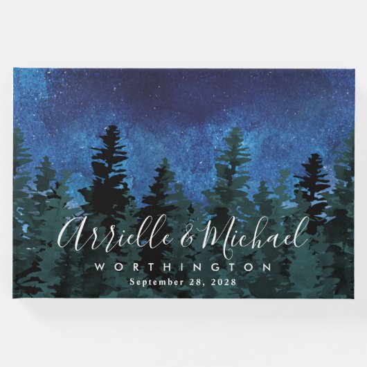 Pine Trees Waterverf Rustieke Evergreen Bruiloft Gastenboek (Voorkant)
