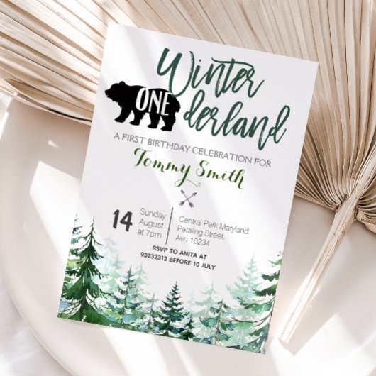 Pine Trees Winter onederland FIRST BIRTHDAY Kaart