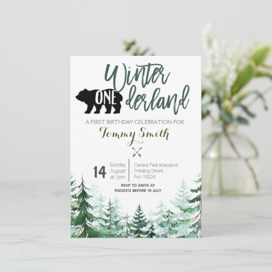 Pine Trees Winter onederland FIRST BIRTHDAY Kaart (Staand voorkant)