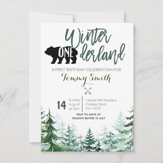 Pine Trees Winter onederland FIRST BIRTHDAY Kaart (Voorkant)
