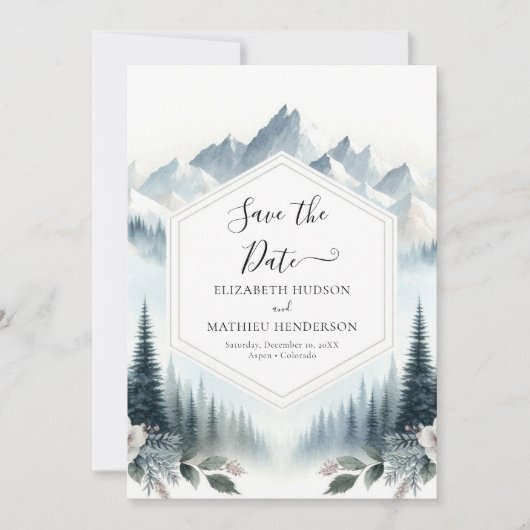Pine Typography Mountain Wedding Save The Date (Voorkant)