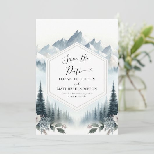 Pine Typography Mountain Wedding Save The Date (Staand voorkant)
