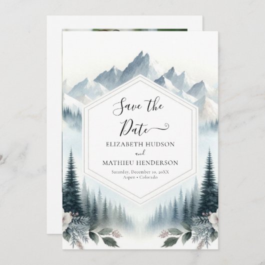 Pine Typography Mountain Wedding Save The Date (Voorkant / Achterkant)