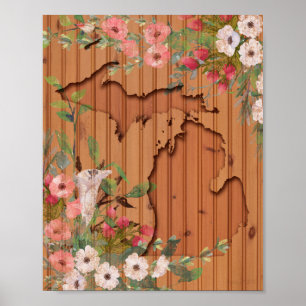 Pine Wood   Carved Michigan Floral Poster