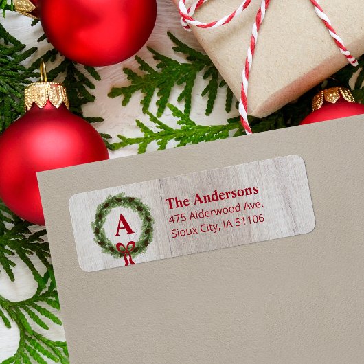 Pine Wreate Monogram Holiday Return Address Etiket