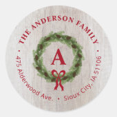 Pine Wreate Monogram Holiday Return Address Ronde Sticker (Voorkant)