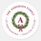 Pine Wreate Monogram Holiday Return Address Ronde Sticker (Voorkant)