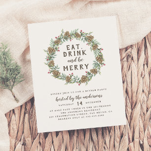 Pine Wreath Eat, Drink & Be Merry Christmas Party Uitnodiging Briefkaart