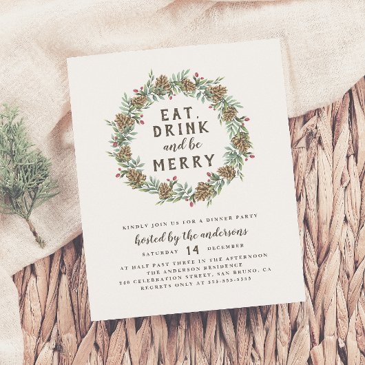Pine Wreath Eat, Drink & Be Merry Christmas Party Uitnodiging Briefkaart