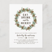 Pine Wreath Eat, Drink & Be Merry Christmas Party Uitnodiging Briefkaart (Voorkant)