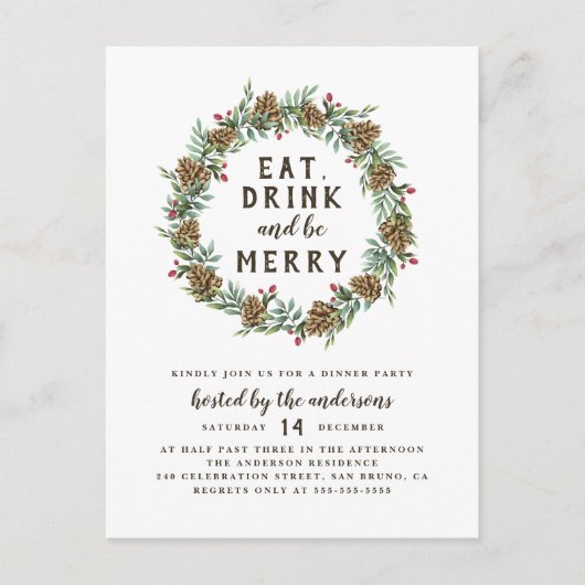 Pine Wreath Eat, Drink & Be Merry Christmas Party Uitnodiging Briefkaart (Voorkant)