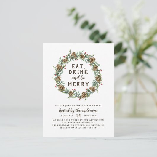 Pine Wreath Eat, Drink & Be Merry Christmas Party Uitnodiging Briefkaart (Staand voorkant)