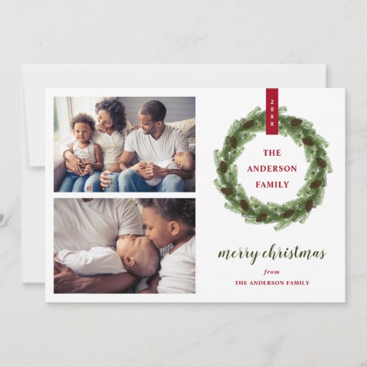 Pine Wreath Merry 2 Foto Feestdagenkaart (Voorkant)