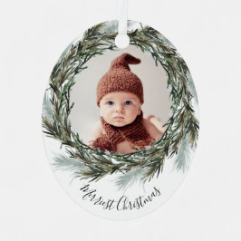 Pine Wreath Merry Kerstfeestdag Foto Metalen Ornament