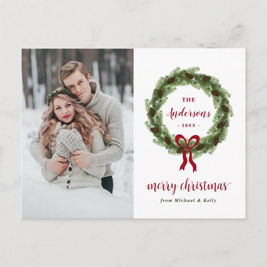Pine Wreath Merry-kerstfoto Feestdagenkaart (Voorkant)