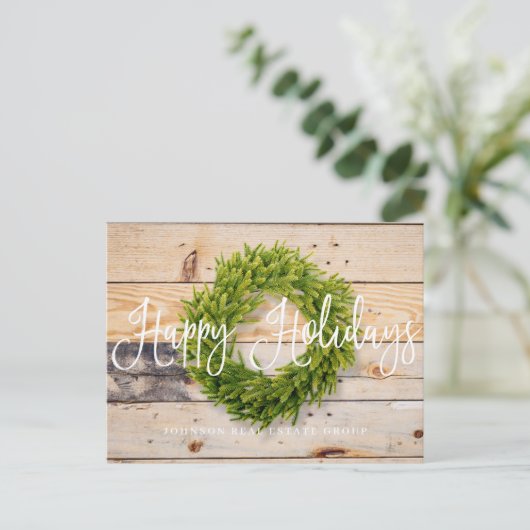 Pine Wreath op hout | Prettige feestdagen groeten (Staand voorkant)