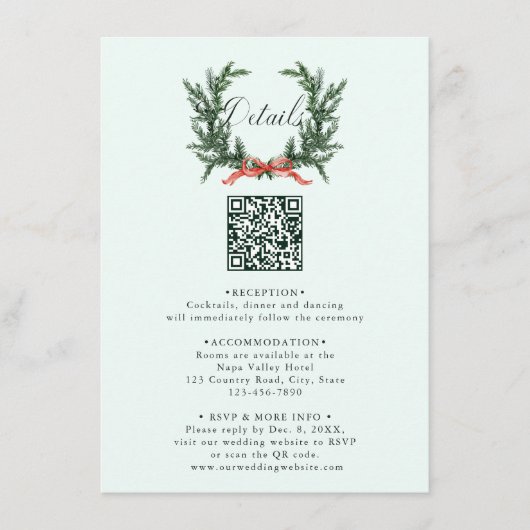 Pine Wreath Wedding QR Code Details Mint Green Informatiekaartje (Voorkant)