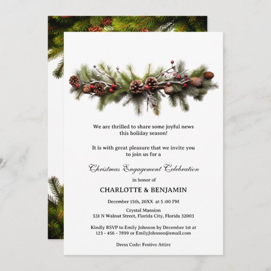 Pine Wreath Winter Kerstmis Verlovingsfeest Kaart (Voorkant / Achterkant)