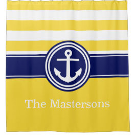 Pineapp Geel Marineblauw Scheepsanker Streep CB Douchegordijn