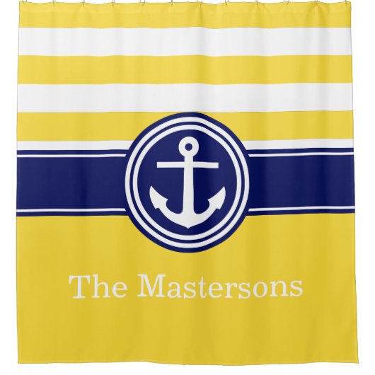 Pineapp Geel Marineblauw Scheepsanker Streep CB Douchegordijn (Voorkant)