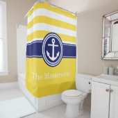 Pineapp Geel Navy Blauw Nautical Stripe Anker CB Douchegordijn (In situ)