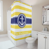 Pineapp Geel WT Navy Blauw Nautical Stripe Anker Douchegordijn (In situ)