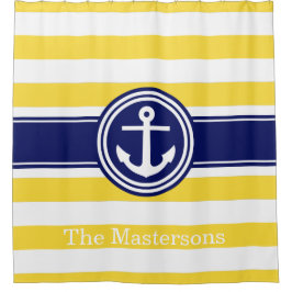 Pineapp Geel WT Navy Blauw Nautical Stripe Anker Douchegordijn