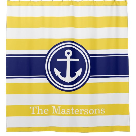 Pineapp Geel WT Navy Blauw Nautical Stripe Anker Douchegordijn (Voorkant)