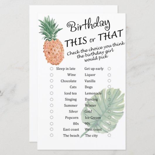 Pineappel Birthday dit of dat spel (Voorkant / Achterkant)