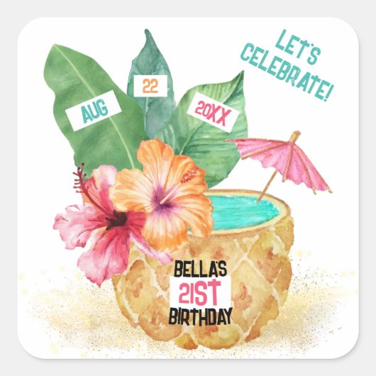 Pineappel Palm Hibiscus Tropical Cocktail Birthday Vierkante Sticker (Voorkant)