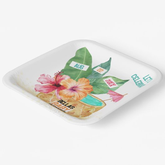 Pineappel Palm Hibiscus Tropisch strand Baby showe Papieren Bordje (Gebogen)