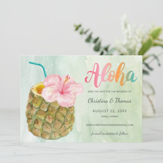 Pineappel Paradise Aloha Waterverf bruiloft Save The Date (Staand voorkant)