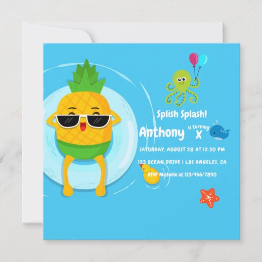 Pineappel Summer Splish Splash Kids Birthday Party Kaart (Voorkant)