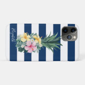 Pineappel Tropische Bloemen, marineblauw gestreept Case-Mate iPhone Case (Achterkant (horizontaal))