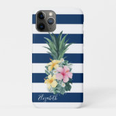 Pineappel Tropische Bloemen, marineblauw gestreept Case-Mate iPhone Case (Achterkant)