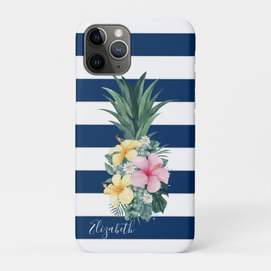 Pineappel Tropische Bloemen, marineblauw gestreept Case-Mate iPhone Case (Achterkant)