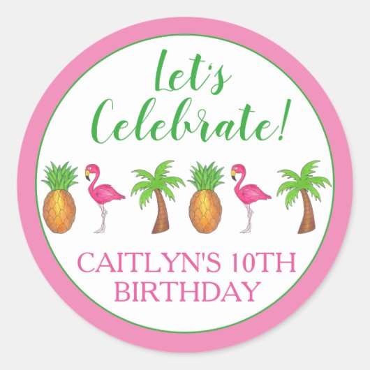 Pineappel van de Palmboom van de Birthday Flamingo Ronde Sticker (Voorkant)