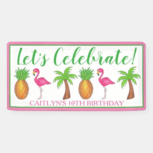 Pineappel van de Palmboom van de Birthday Flamingo Spandoek (Horizontaal)