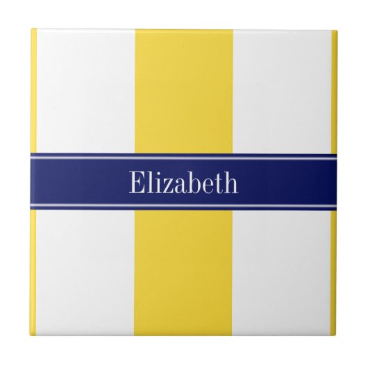 Pineappel White XL Stripes, Navy 5c Name Monogram Tegeltje (Voorkant)