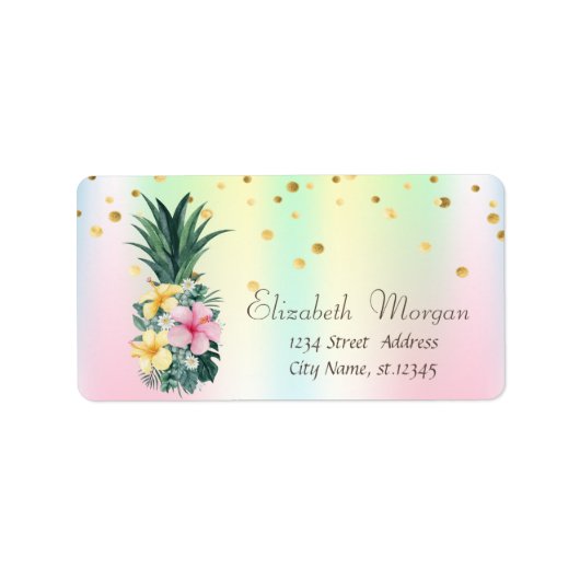 Pineappelbloemen Confetti Holografische Iridescent Etiket (Voorkant)